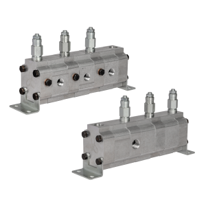 Přesný ozubený dělič průtoku oleje GR20 3x8,0cm3 1xIN - 3xOUT s vyrovnávacími ventily. Rozsah vstupního průtoku oleje: 30 - 68,4L/min.