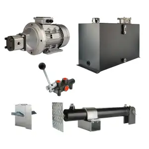Hydraulika pro štípačku dřeva, štípací výkon: 9 tun, doba štípacího cyklu: 11-14 sekund. Pohon, čerpadlo, motor, nádrž, 100 litrů, 1-sekční rozdělovač