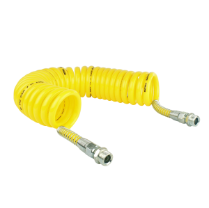 Žlutá spirálová pneumatická, M22x1,5, délka 7 m, vyrobená z polyethylenu.