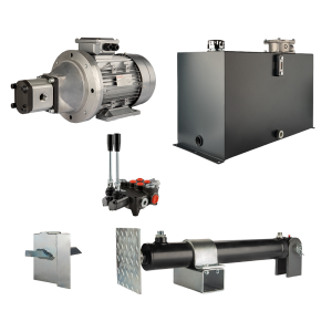 Hydraulika pro štípačku dřeva, štípací výkon: 10 tun, doba štípacího cyklu: 14-17 sekund. Pohon, čerpadlo, motor, nádrž, 100 litrů, 2-sekční  rozdělovač