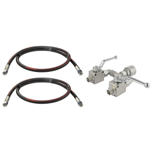 Kulový rozdělovač pro rozmetadlo hnojiv Amazone a Brzeg. Dva 2/2 kulové ventily + rychlospojka M36x1,5 šroubovák + dvě 1500mm M18x1,5 hadice