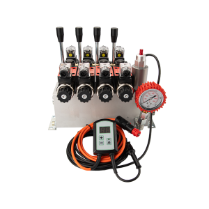 Hydraulický rozvaděč 4sekční 12V blok typ Cetop 3 NG6 s proporcionálním regulátorem průtoku doplněný o proporcionální ventilový regulátor ARPWM, manometr, elektrické zástrčky a přípojky