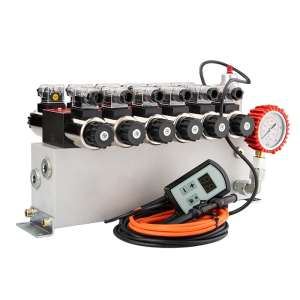 Hydraulický rozvaděč 6sekční 12V blokový typ Cetop 3 NG6 s proporcionálním regulátorem průtoku kompletní s proporcionálním ventilovým regulátorem ARPWM, manometr, elektrické zástrčky a přípojky