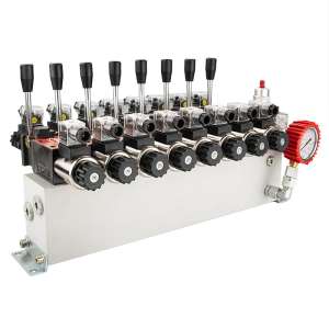 Hydraulický rozvaděč 8dílný 12V blokový typ Cetop 3 NG6 s proporcionálním regulátorem průtoku kompletní s manometrem, elektrickými zástrčkami a přípojkami