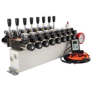 Hydraulický rozvaděč 8dílný 12V blok typ Cetop 3 NG6 s proporcionálním regulátorem průtoku kompletní s proporcionálním ventilovým regulátorem ARPWM, manometr, elektrické zástrčky a přípojky
