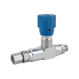 Jednocestný hydraulický škrticí ventil VRFU 90 AB M22x1,5 s přesnou regulací. Průtok: 50 l/min, max. tlak: 350 bar
