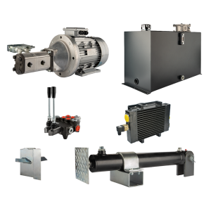 Hydraulika pro štípačku dřeva, štípací výkon: 14 tun, doba štípacího cyklu: 12-16 sekund. Pohon, čerpadlo, motor, nádrž 100 litrů, 2-sekční  rozdělovač, přídavné chlazení