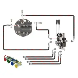 Dvoudílný hydraulický rozvaděč s novým typem krytu s vývodem pro externí rozvaděč a sadou rychlospojek EURO s uchycením a hadicemi pro traktor Ursus C-360 C-360-3P