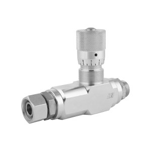 Jednocestná hydraulická škrtící klapka VRFU 90 AB M36x2 s přesnou regulací. Průtok: 110 l/min, max. tlak: 250 bar