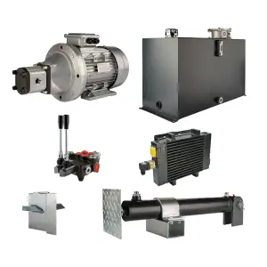 Hydraulika pro štípačku dřeva, štípací výkon: 8 tun, doba štípacího cyklu: 9-12 sekund. Pohon, čerpadlo, motor, nádrž 100 litrů, 2-sekční  rozdělovač, přídavné chlazení