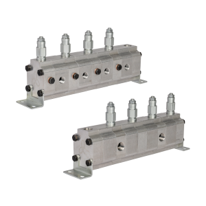 Přesný ozubený dělič průtoku oleje GR20 4x5,9cm3 2xIN - 4xOUT s vyrovnávacími ventily. Rozsah vstupního průtoku oleje: 29,2 - 67,2L/min.