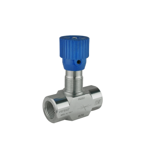 Dvoucestný hydraulický škrticí ventil VRFB 90 1/2" s přesnou regulací. Průtok: 50 l/min, max. tlak: 350 bar