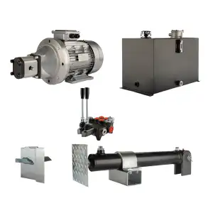 Hydraulika pro štípačku dřeva, štípací výkon: 8 tun, doba štípacího cyklu: 9-12 sekund. Pohon, čerpadlo, motor, nádrž, 75 litrů, 2-sekční  rozdělovač