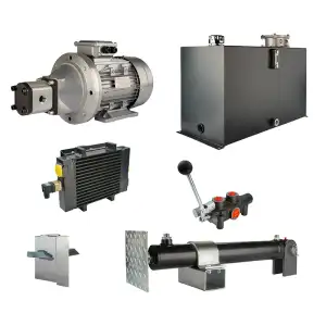 Hydraulika pro štípačku dřeva, štípací výkon: 9 tun, doba štípacího cyklu: 11-14 sekund. Pohon, čerpadlo, motor, nádrž 100 litrů, 1-sekční rozdělovač, přídavné chlazení