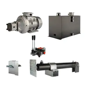 Hydraulika pro štípačku dřeva, štípací výkon: 5 tun, doba štípacího cyklu: 18-21 sekund. Pohon, čerpadlo, motor, nádrž, 75 litrů, 2-sekční  rozdělovač